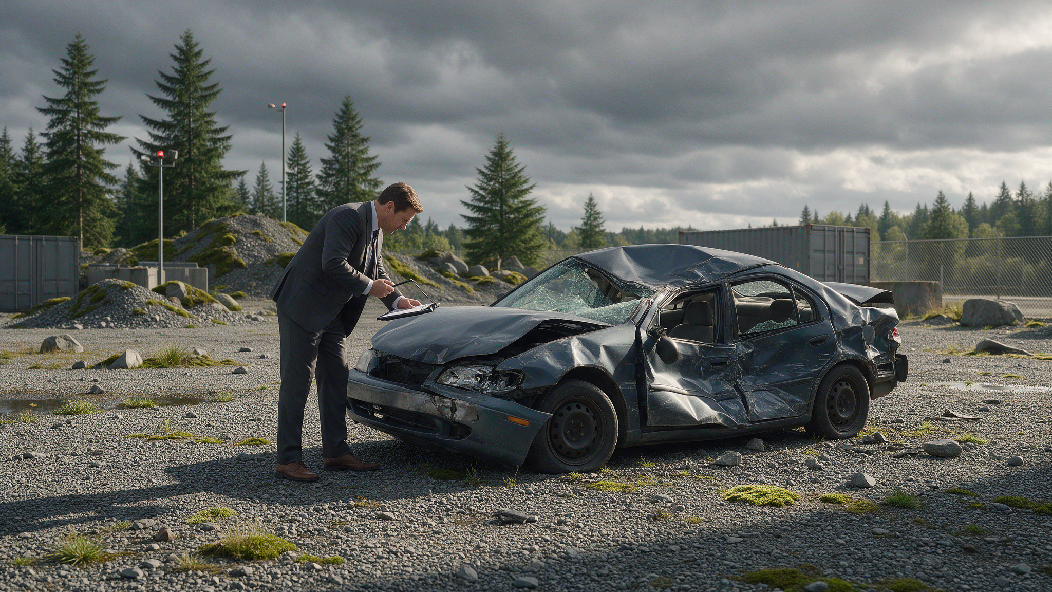 Professional total loss appraiser inspecting a totaled vehicle in Tacoma WA